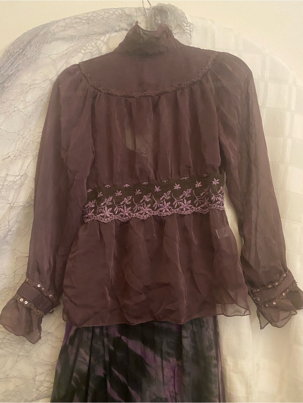 Young Essence Purple Sheer Blouse with Tie-Neck - Picture 7 of 7